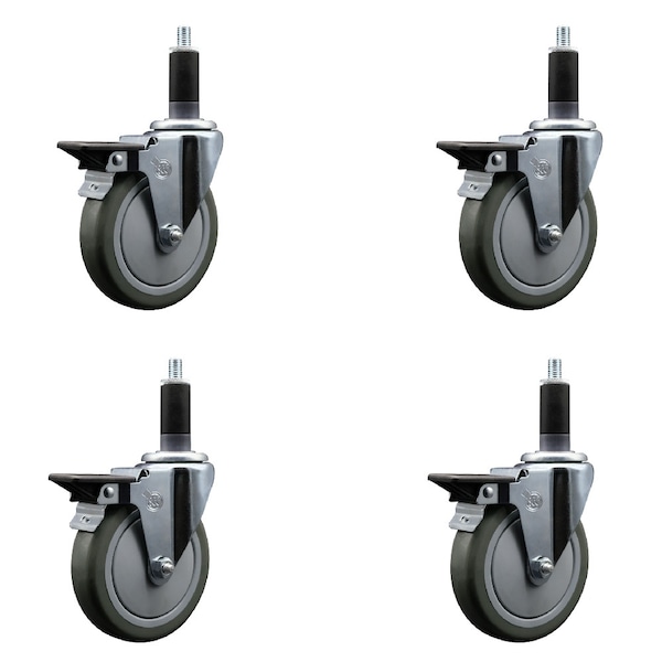 5'' Gray Poly Swivel 1-1/8'' Expanding Stem Caster Set with Brake, 4PK